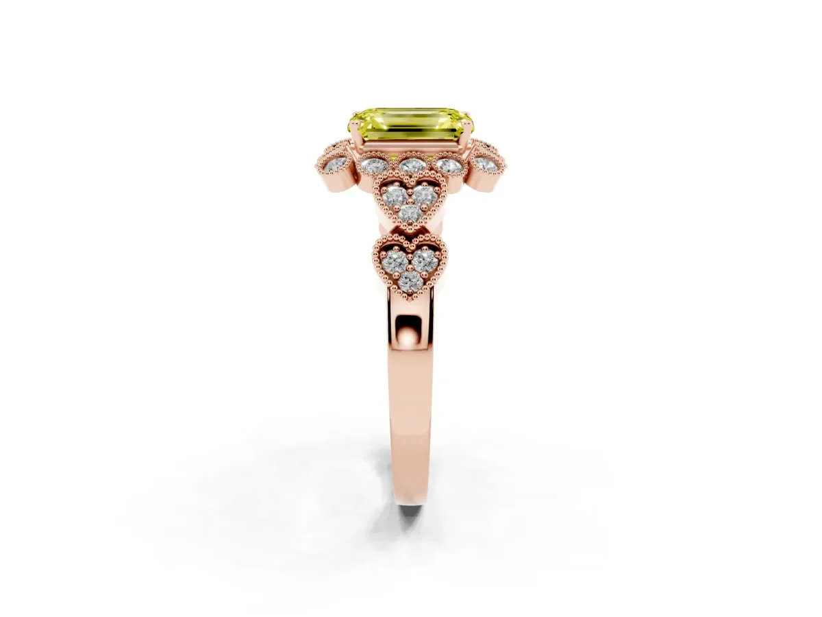 Fancy Yellow Emerald Cut Brilliant Milgrain Pave Heart Band Solitaire Ring Rose gold
