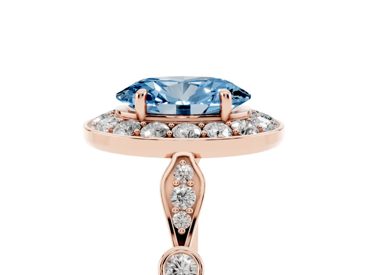 Fancy Blue Oval Cut Halo Diamond Engagement Ring with Twisted Band and Four-Prong Setting Rose gold