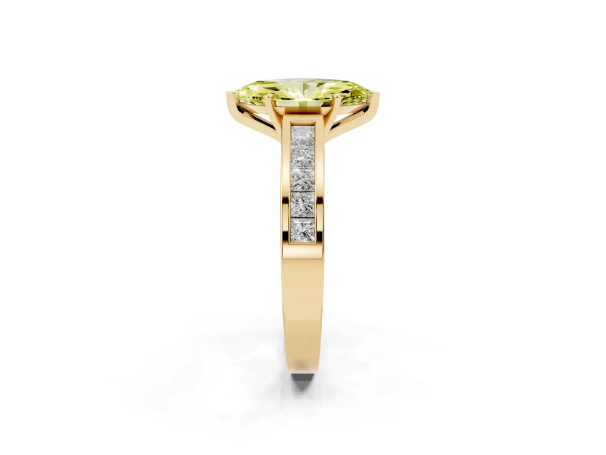 Fancy Yellow Marquise Cut Solitaire Diamond Ring with Channel-Set Band and Four-Prong Setting Yellow gold