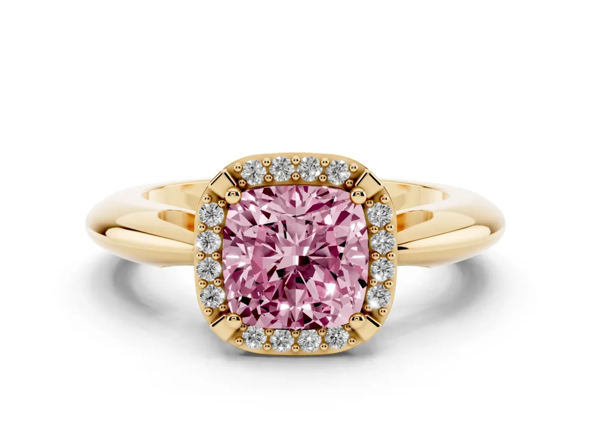 Fancy Pink Cushion Cut Cut Diamond Halo Engagement Ring with Split Shank and Four-Prong Setting Yellow gold