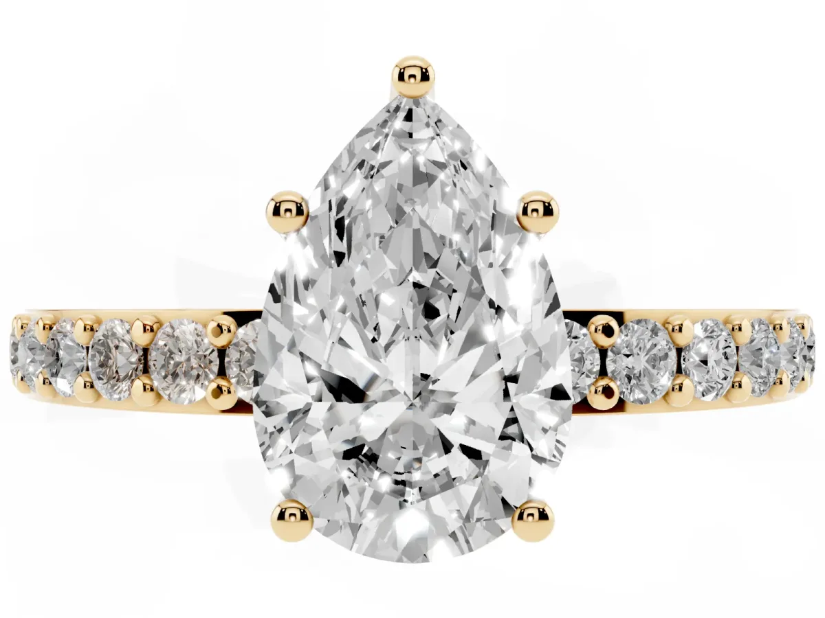 Pear Cut Cut Diamond Solitaire with Pave Band and Four-Prong Setting Yellow gold