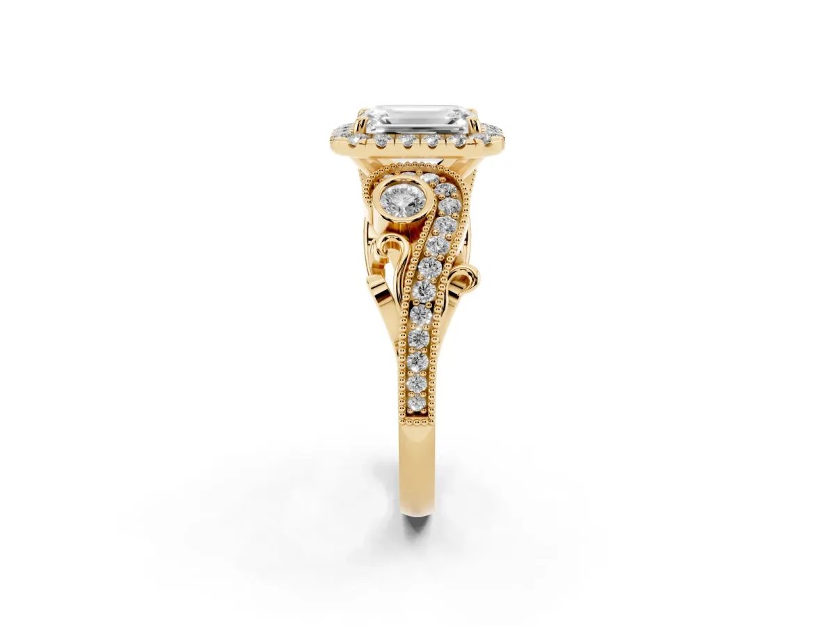 Emerald Cut Diamond Halo Ring with Milgrain Pavé Band and Four-Prong Setting Yellow gold