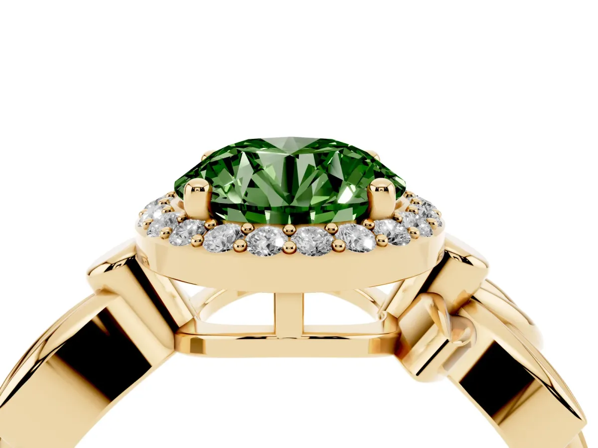 Fancy Green Round Cut Halo Diamond Floral Band with Four-Prong Setting Yellow gold