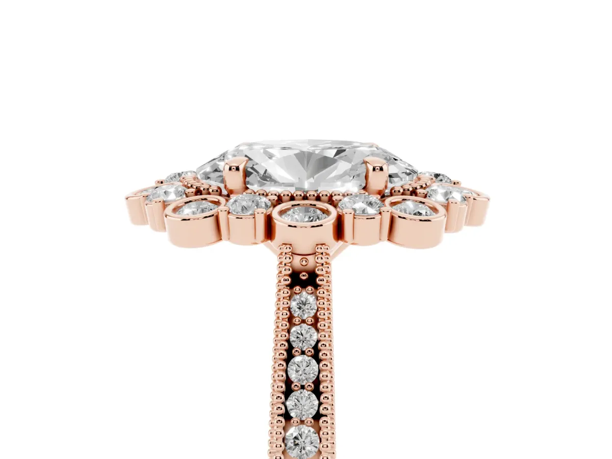 Oval Cut Halo Milgrain Pave Diamond Ring with Four-Prong Setting Rose gold