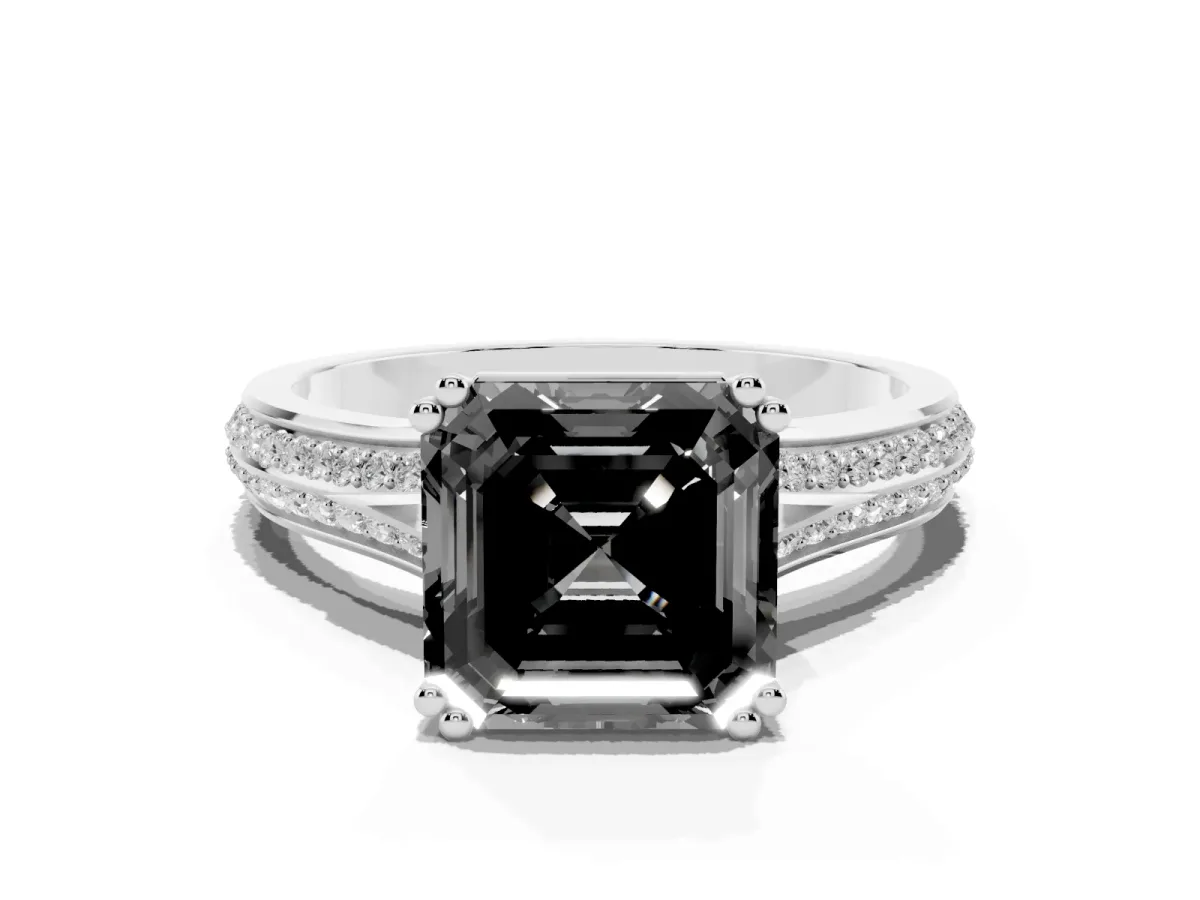 Fancy Black Asscher Cut Diamond Split Shank Engagement Ring with Pavé Band Silver