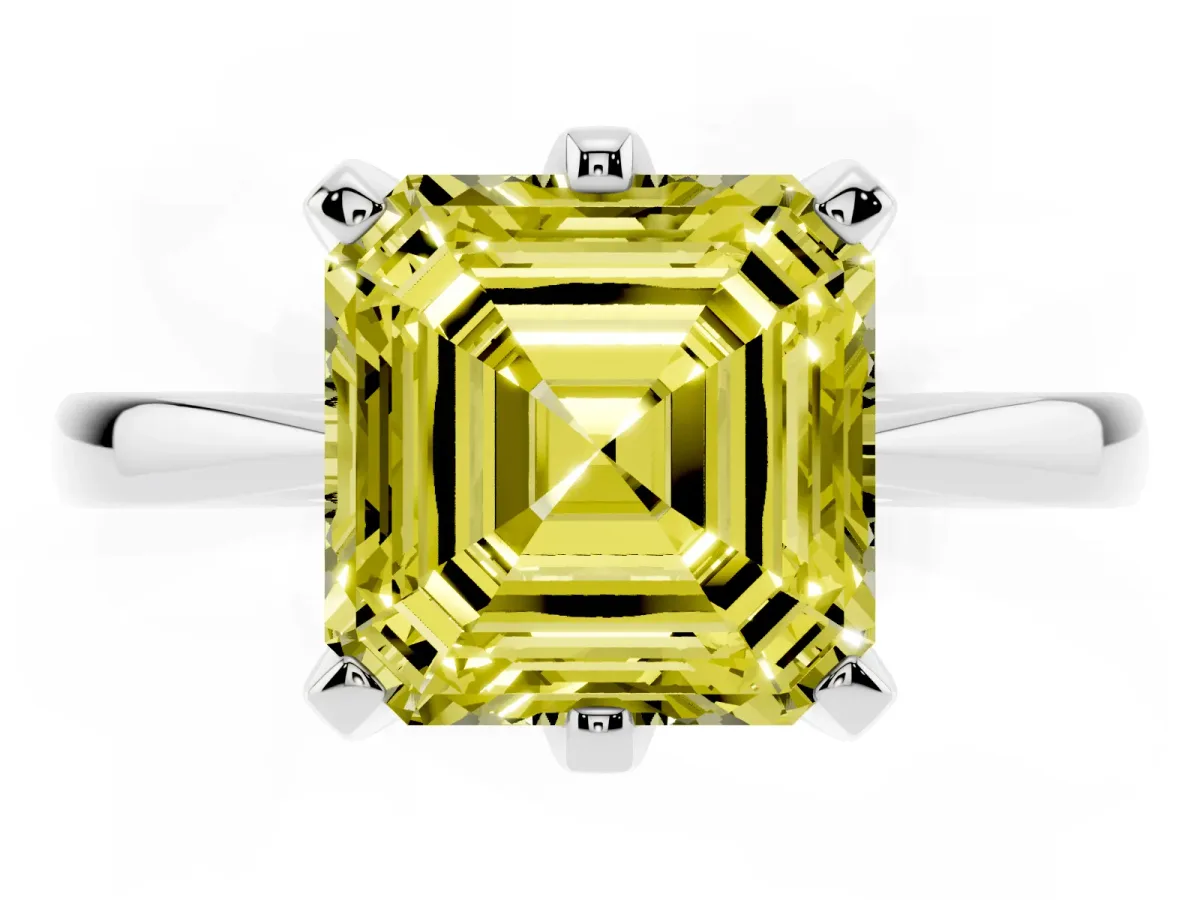 Fancy Yellow Asscher Cut Solitaire Engagement Ring with Six-Prong Setting and Tapered Band Silver