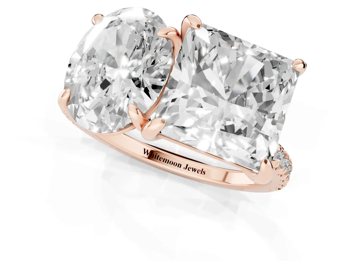 Oval and Princess Toi Moi Ring with Prong Setting and Pave Band Rose gold