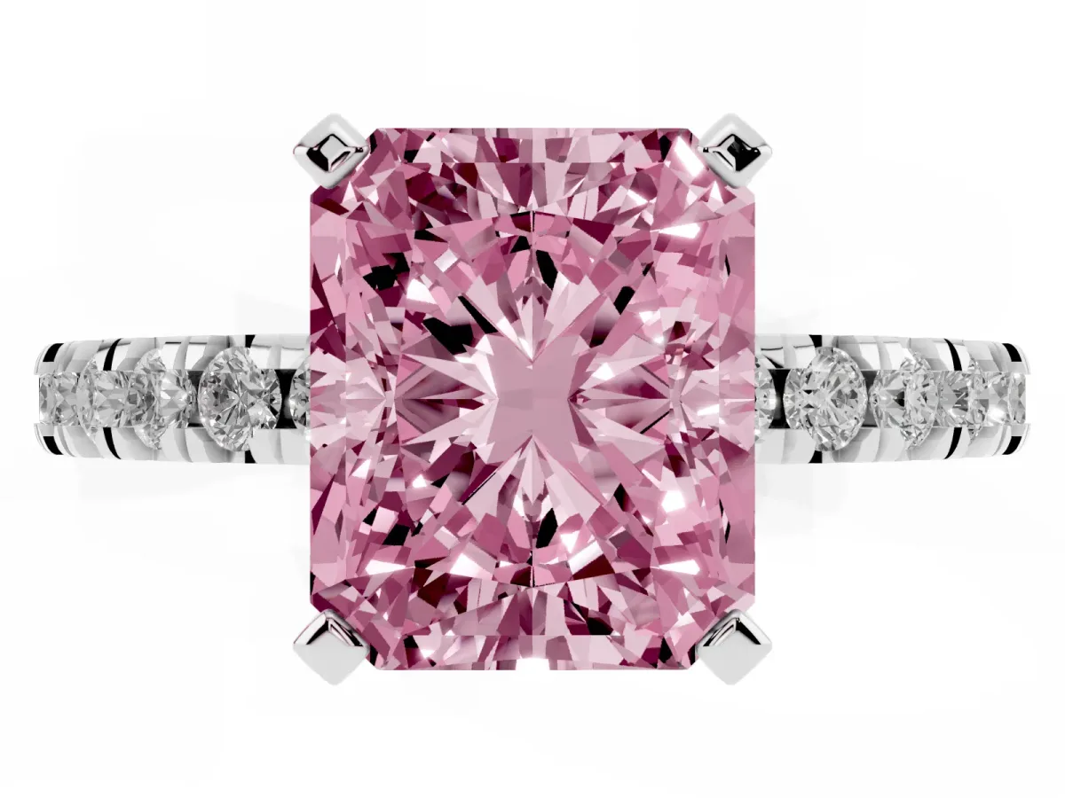 Fancy Pink Radiant Cut Diamond Pavé Band Solitaire with Four-Prong Setting Silver
