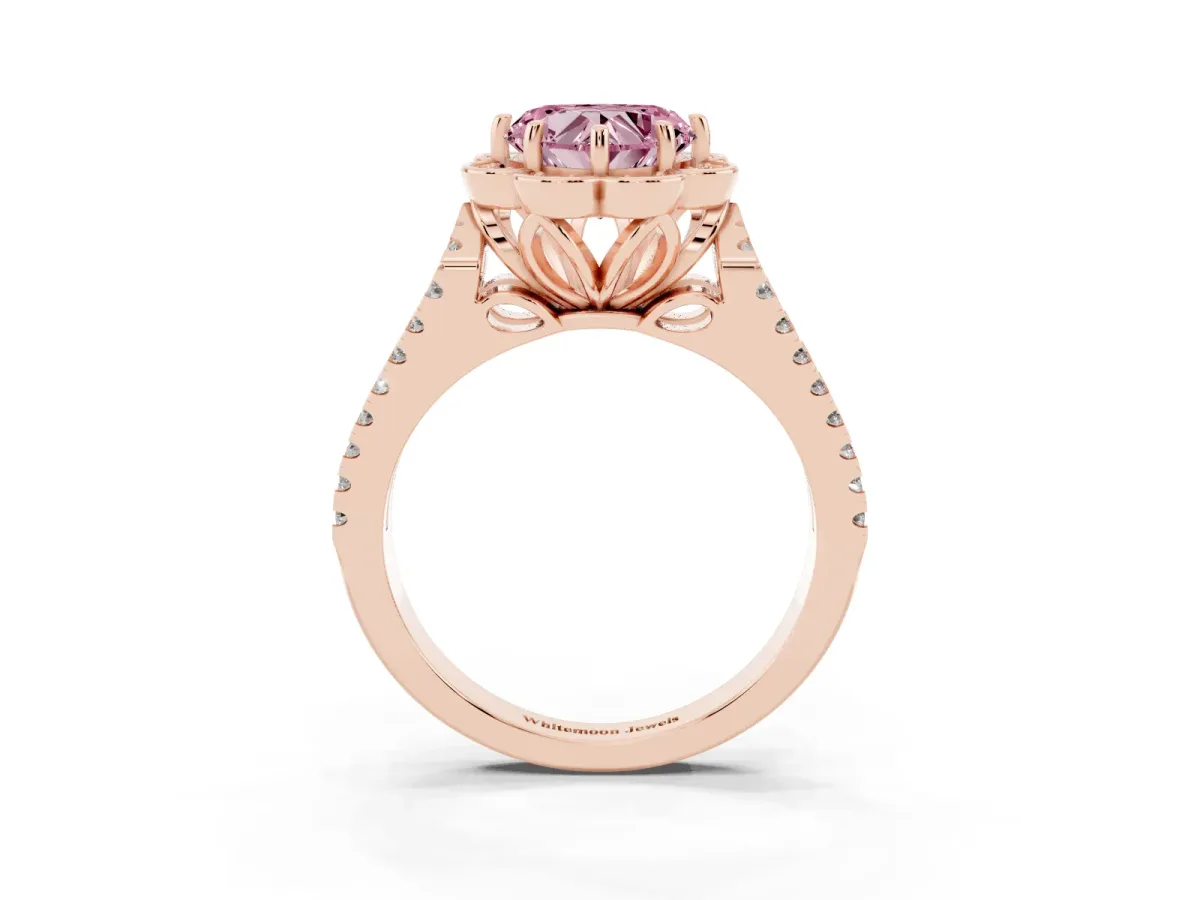 Fancy Pink Heart Cut Halo Diamond Floral Split Shank Engagement Ring Rose gold
