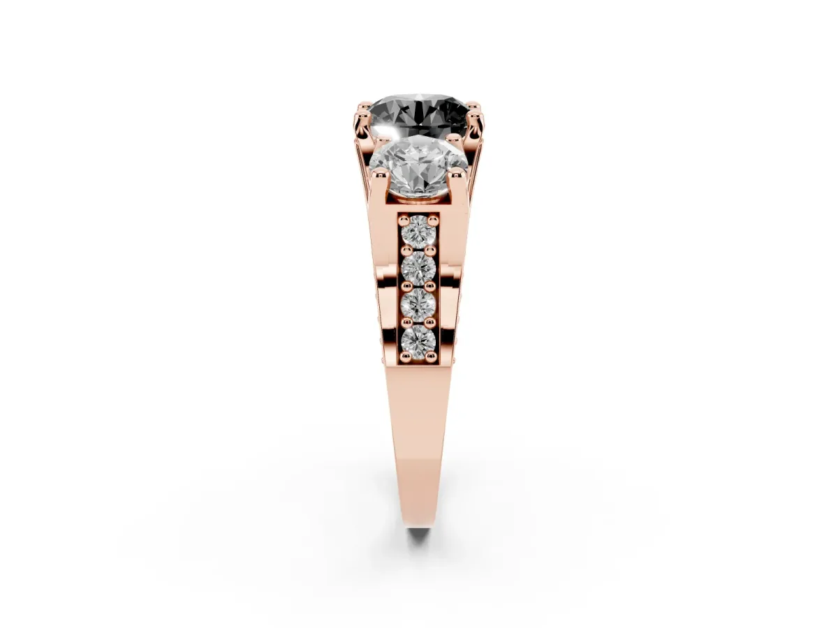Fancy Black Round Cut Diamond Three-Stone Ring with Channel Set Band and Four-Prong Setting Rose gold