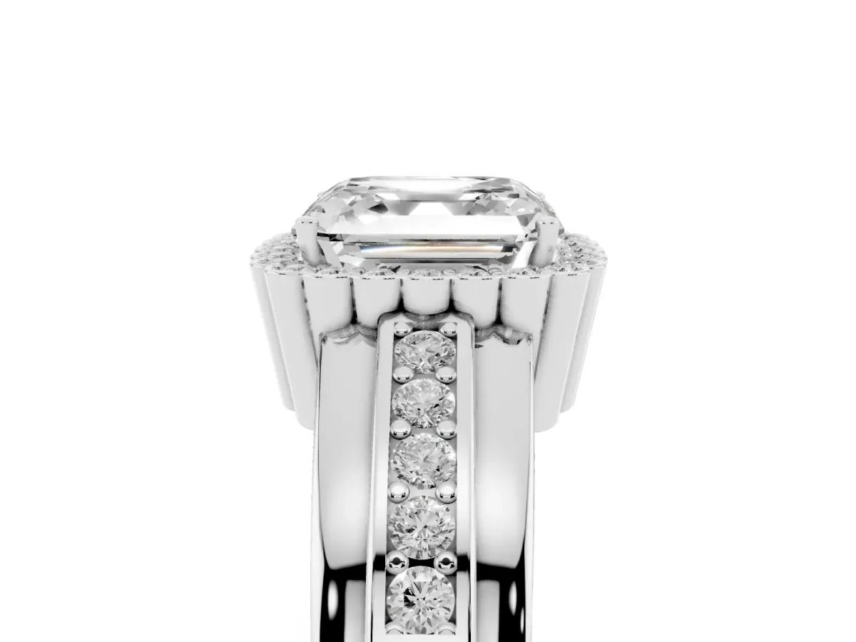 Asscher Cut Cut Halo Pave Band Four-Prong Ring Silver