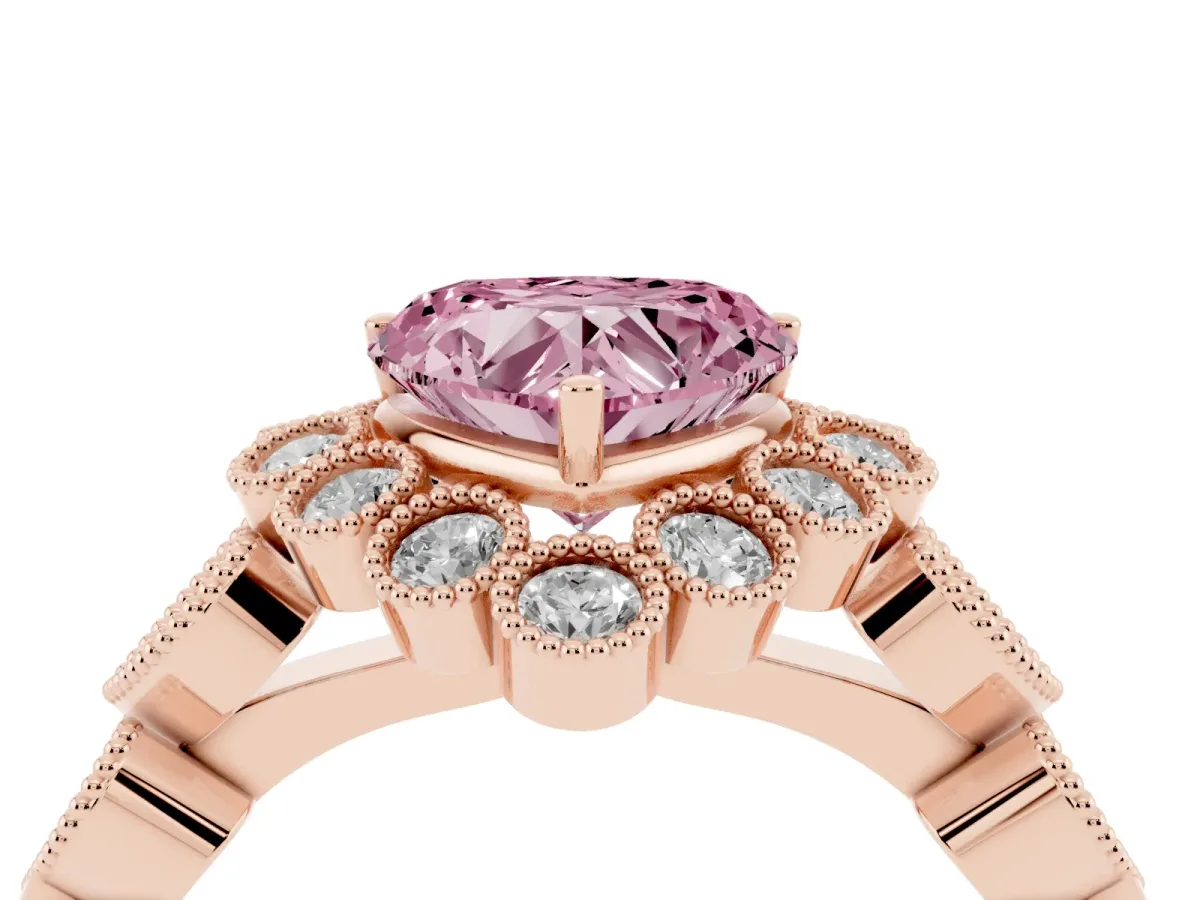 Fancy Pink Heart Cut Brilliant Milgrain Pave Heart Band Solitaire Ring Rose gold