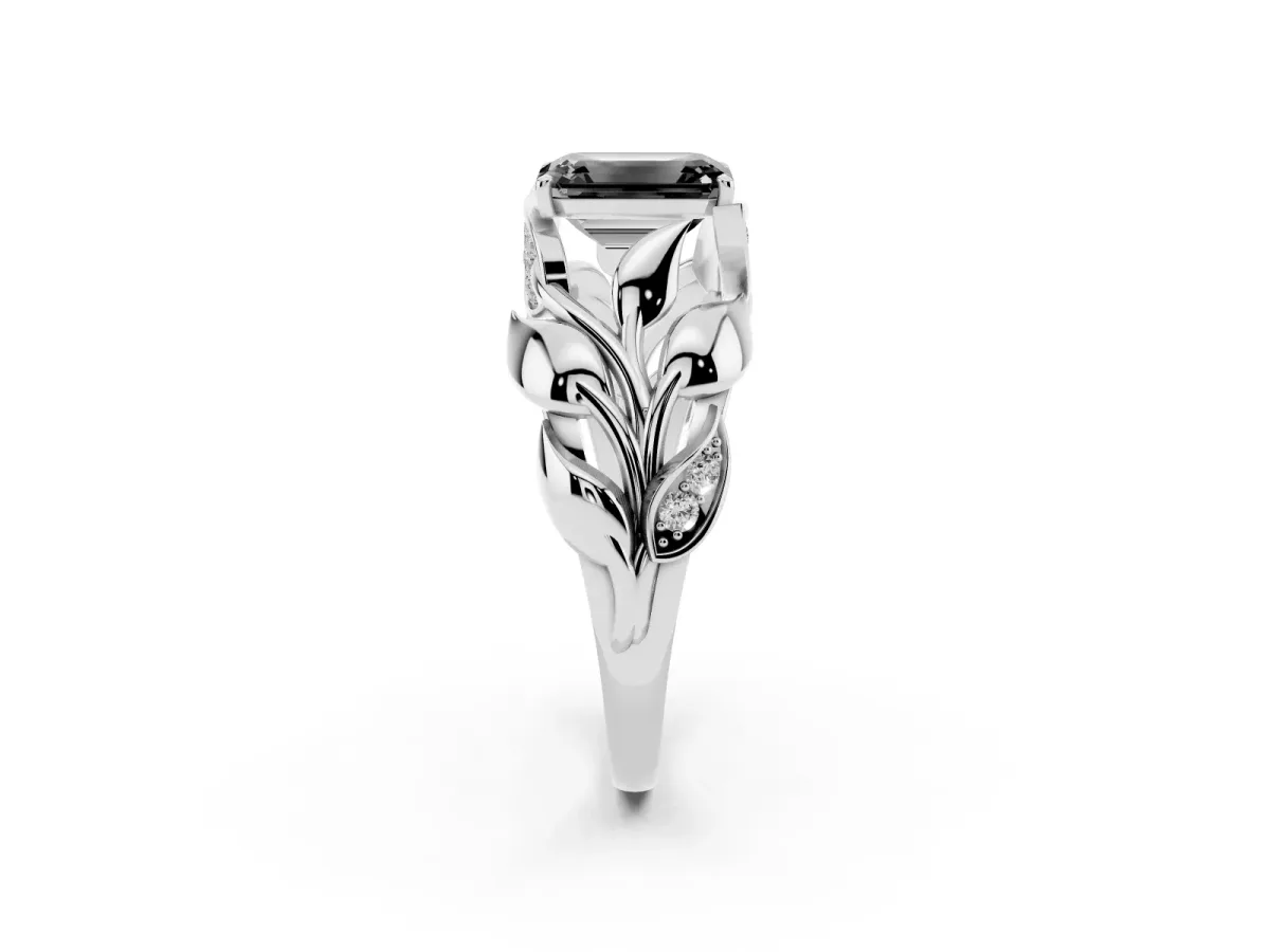 Fancy Black Emerald Cut Diamond Leaf-Inspired Engagement Ring with Round Accents and Prong Setting Silver