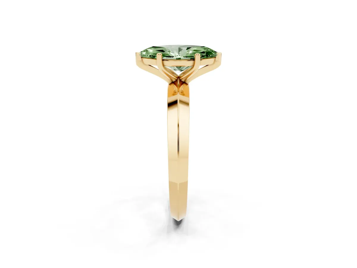 Fancy Green Marquise Cut Cut Solitaire Engagement Ring with Flat Band and Four-Prong Setting Yellow gold