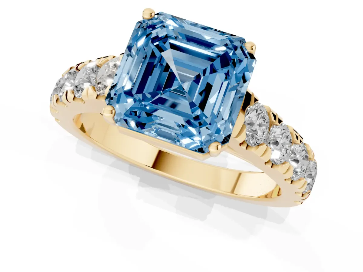 Fancy Blue Asscher Cut Cut Diamond Solitaire Ring with Micro Pave Band and Prong Setting Yellow gold