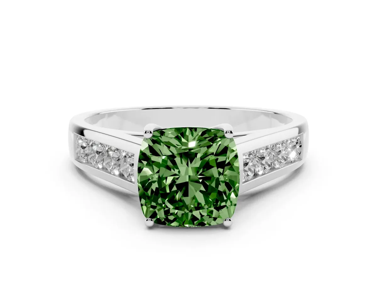 Fancy Green Cushion Cut Brilliant Channel-Set Solitaire Ring with Four-Prong Setting Silver