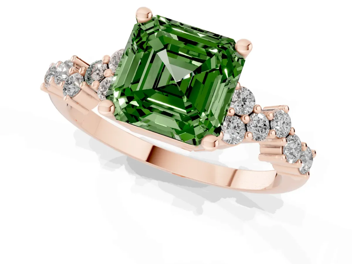 Fancy Green Asscher Cut Diamond Scattered Round Accent Ring with Prong Setting Rose gold
