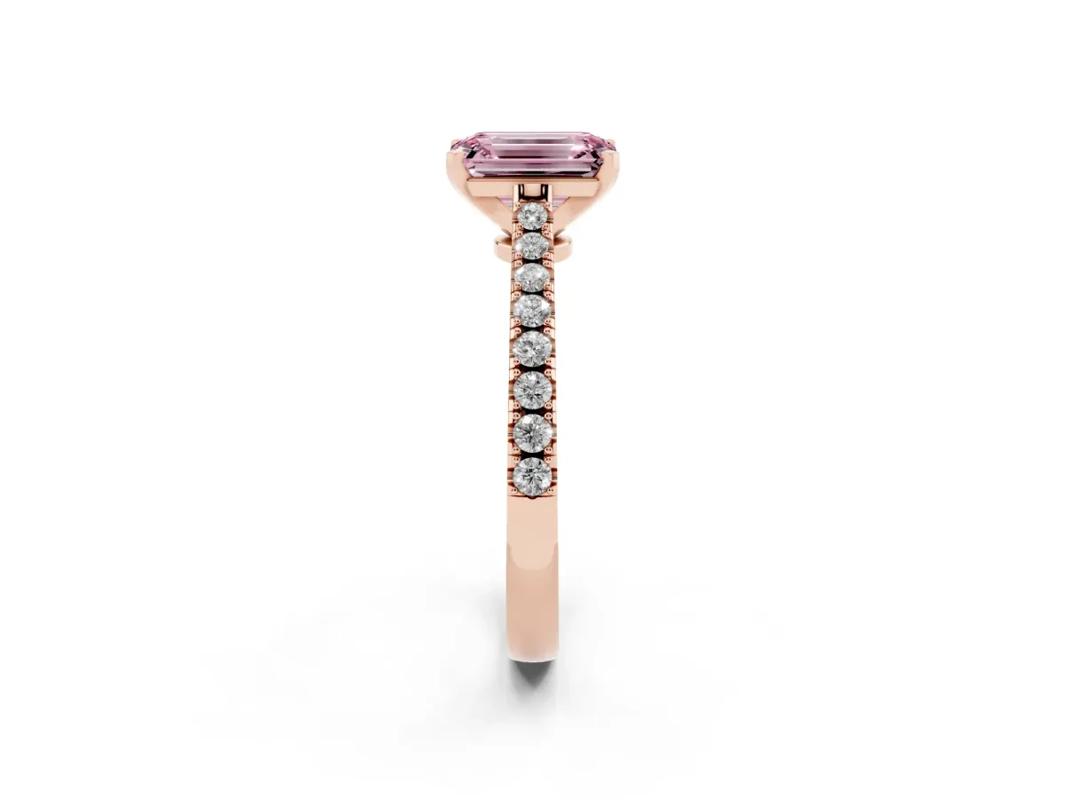 Fancy Pink Emerald Cut Cut Solitaire Diamond Engagement Ring with Pave Band and Four-Prong Setting Rose gold