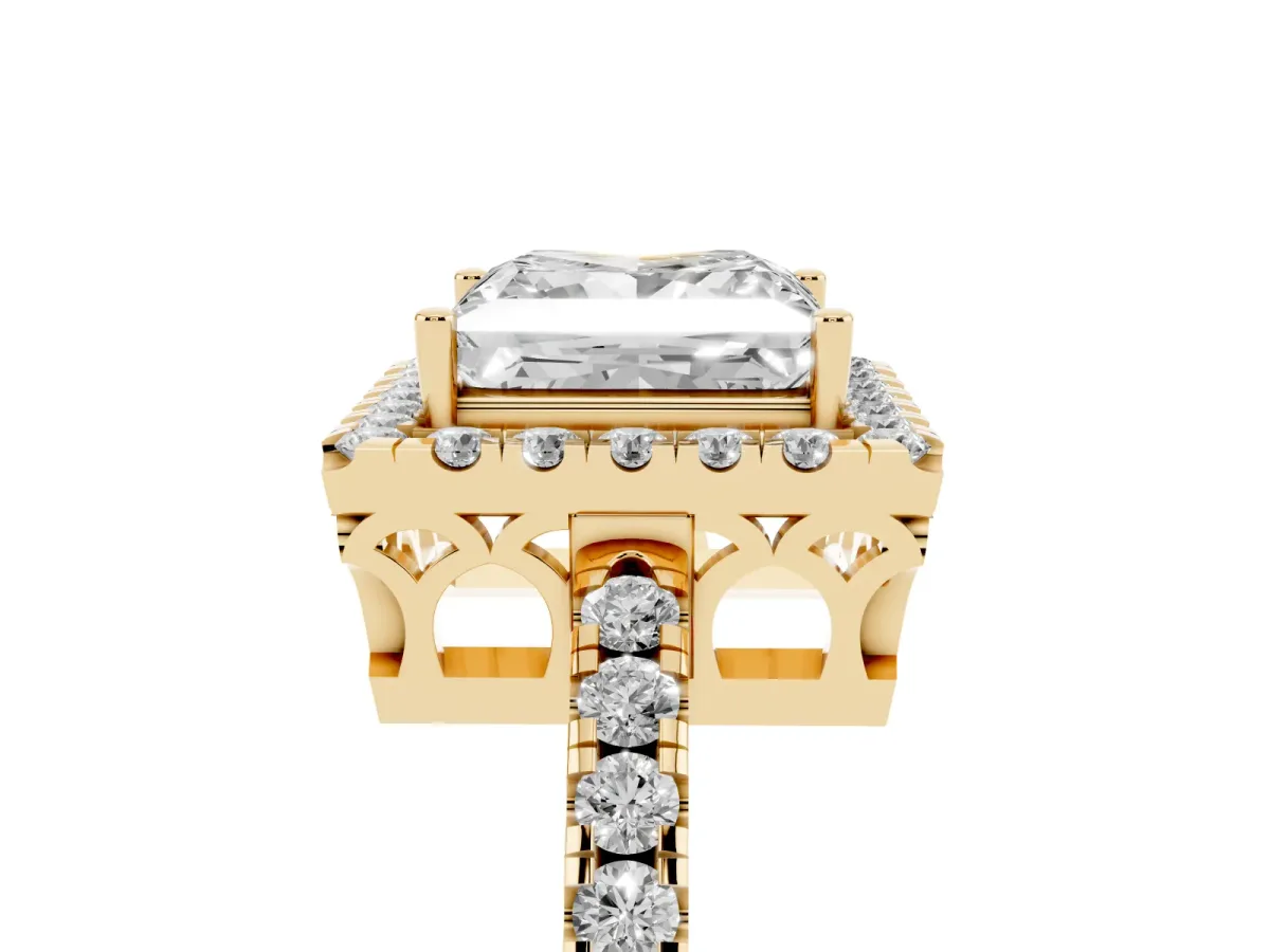 Princess Cut Halo Diamond Engagement Ring with Pavé Band and Four-Prong Setting Yellow gold