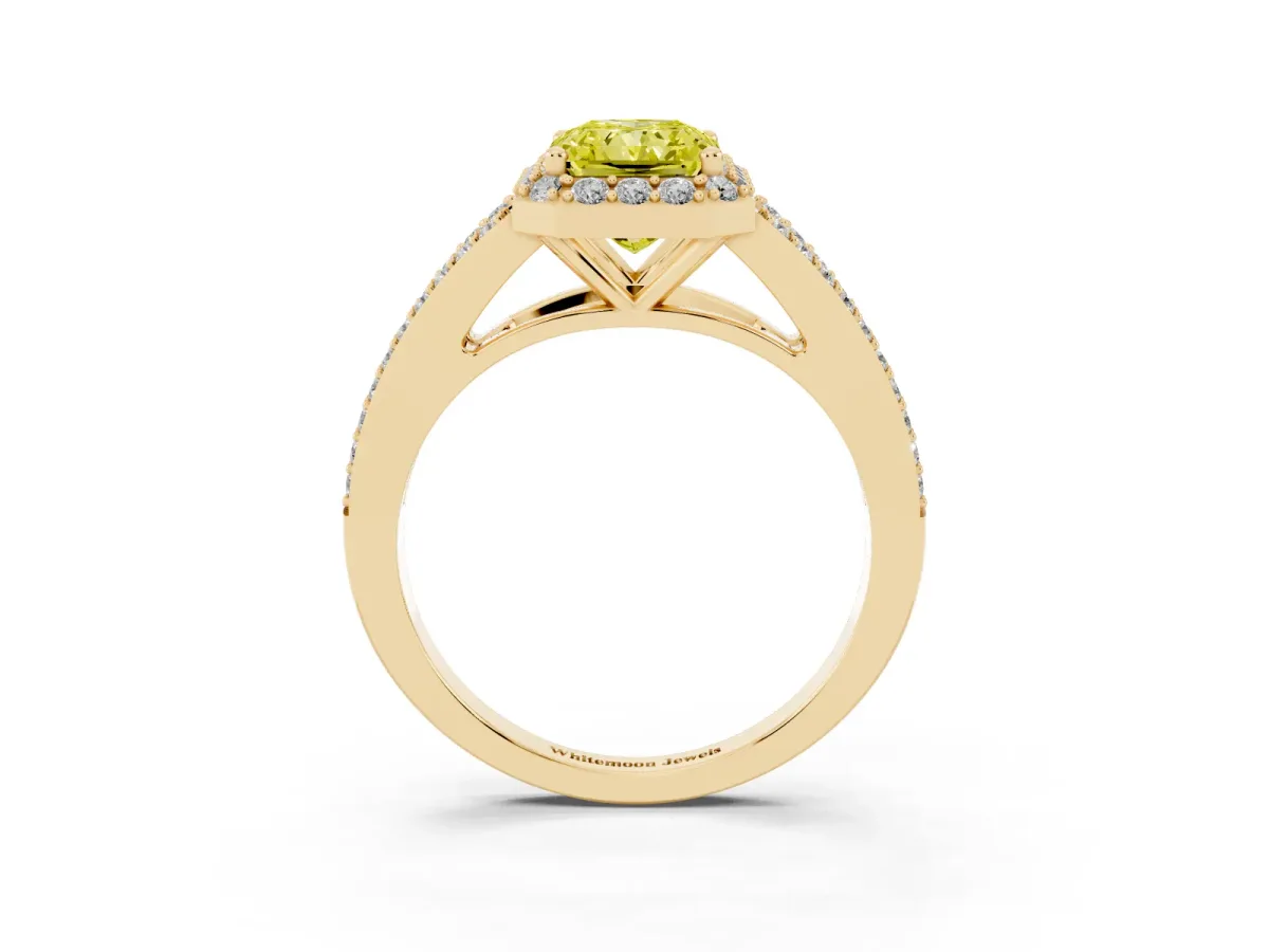 Fancy Yellow Radiant Cut Halo Split Shank Pave Diamond Ring with Four-Prong Setting Yellow gold