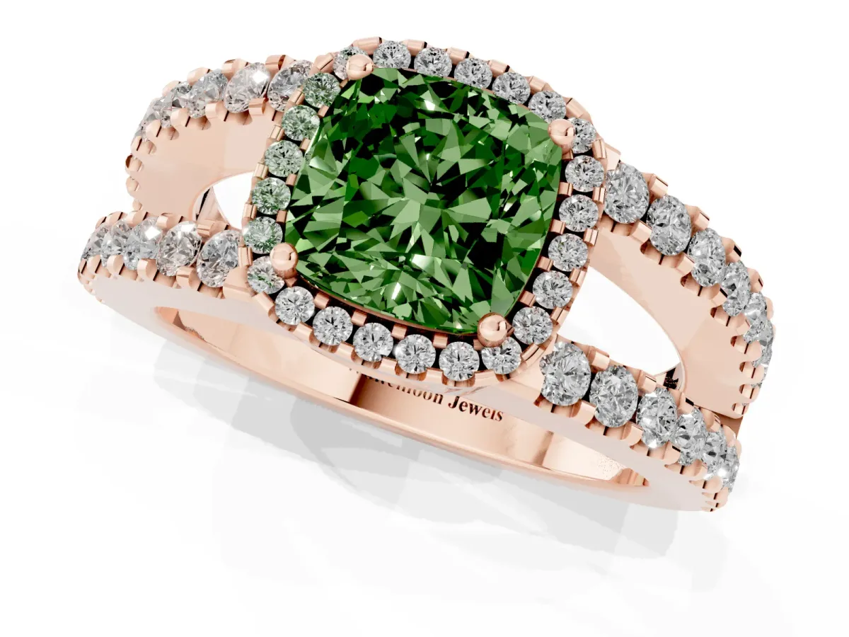 Fancy Green Cushion Cut Cut Halo Split Shank Diamond Ring with Four-Prong Setting Rose gold