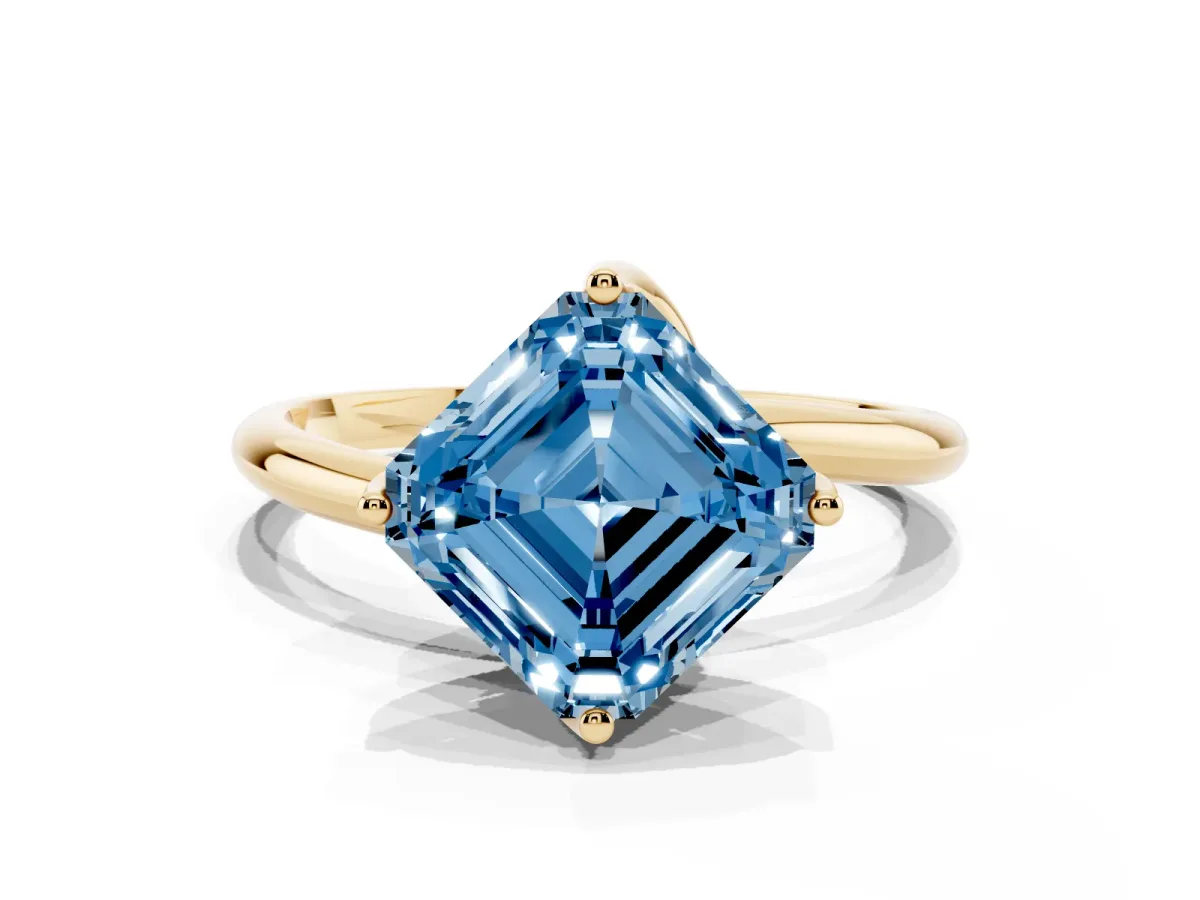 Fancy Blue Asscher Cut Diamond Solitaire Engagement Ring with Four-Prong Setting and Classic Band Yellow gold