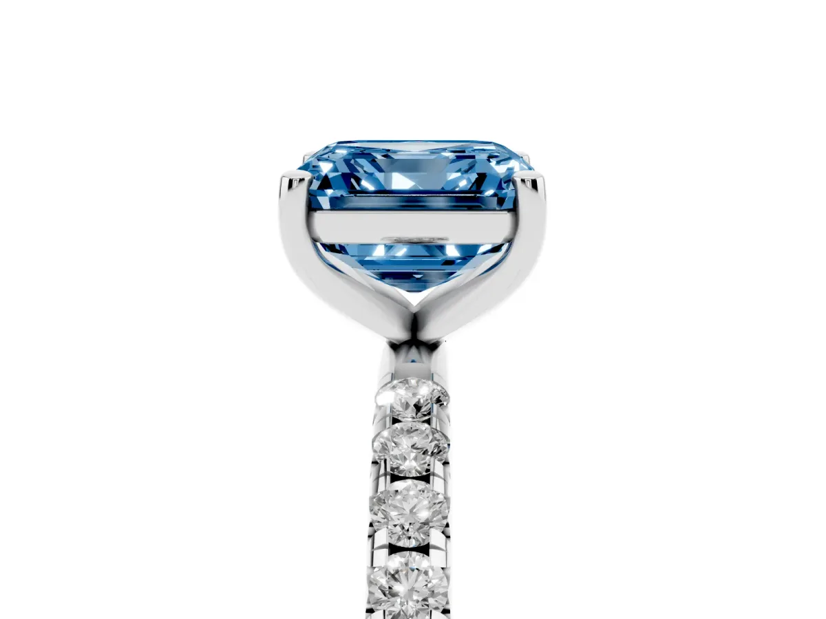 Fancy Blue Asscher Cut Cut Diamond Solitaire Ring with Micro Pave Band and Four Prong Setting Silver