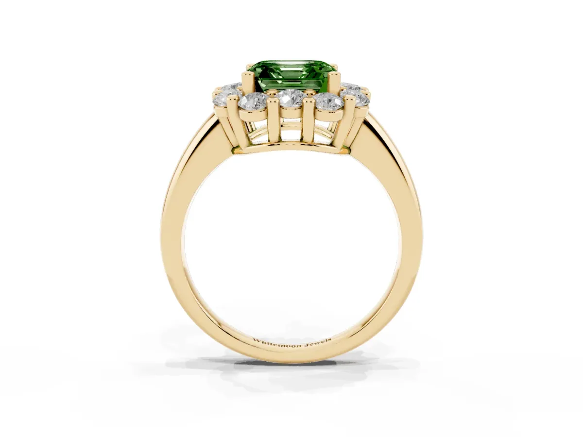 Fancy Green Asscher Cut Halo Cluster Diamond Engagement Ring with Prong Setting and Polished Band Yellow gold