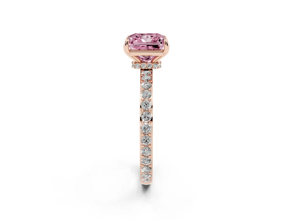 Fancy Pink Princess Cut Diamond Pavé Engagement Ring with Round Accents and Prong Setting Rose gold