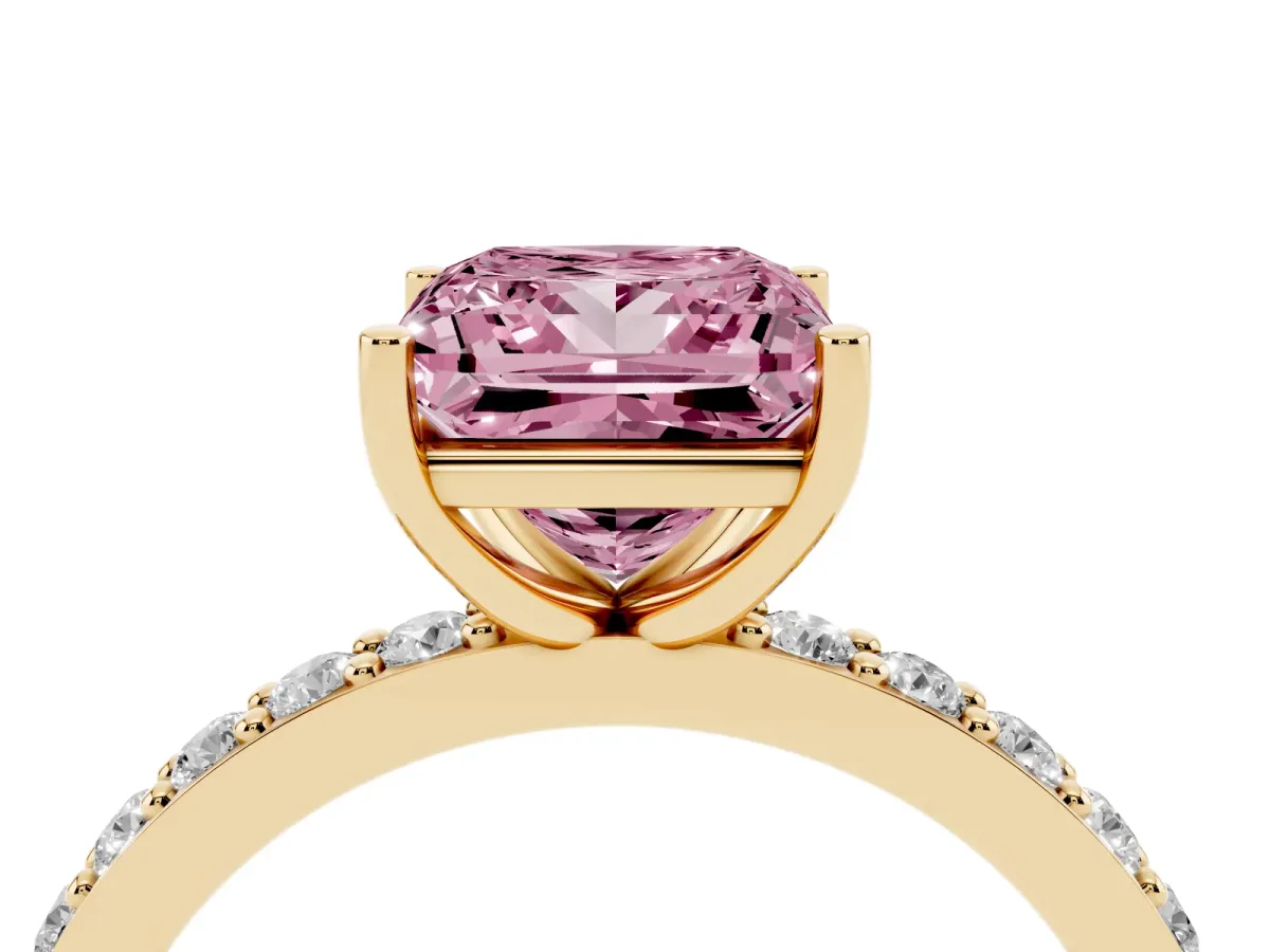 Fancy Pink Princess Cut Cut Diamond Solitaire with Pave Band and Four-Prong Setting Yellow gold