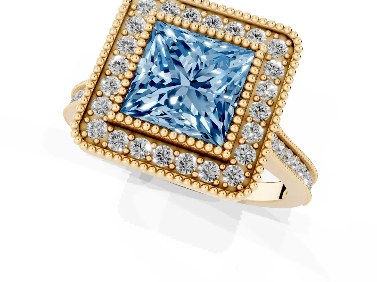 Fancy Blue Princess Cut Diamond Halo Ring with Milgrain Frame and Pavé Band Yellow gold