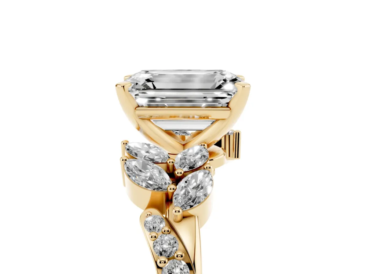 Emerald Cut Solitaire Marquise Twist Band with Six-Prong Setting Yellow gold