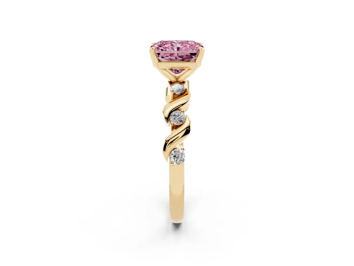 Fancy Pink Radiant Cut Diamond Solitaire Twisted Band with Round Accents and Prong Setting Yellow gold