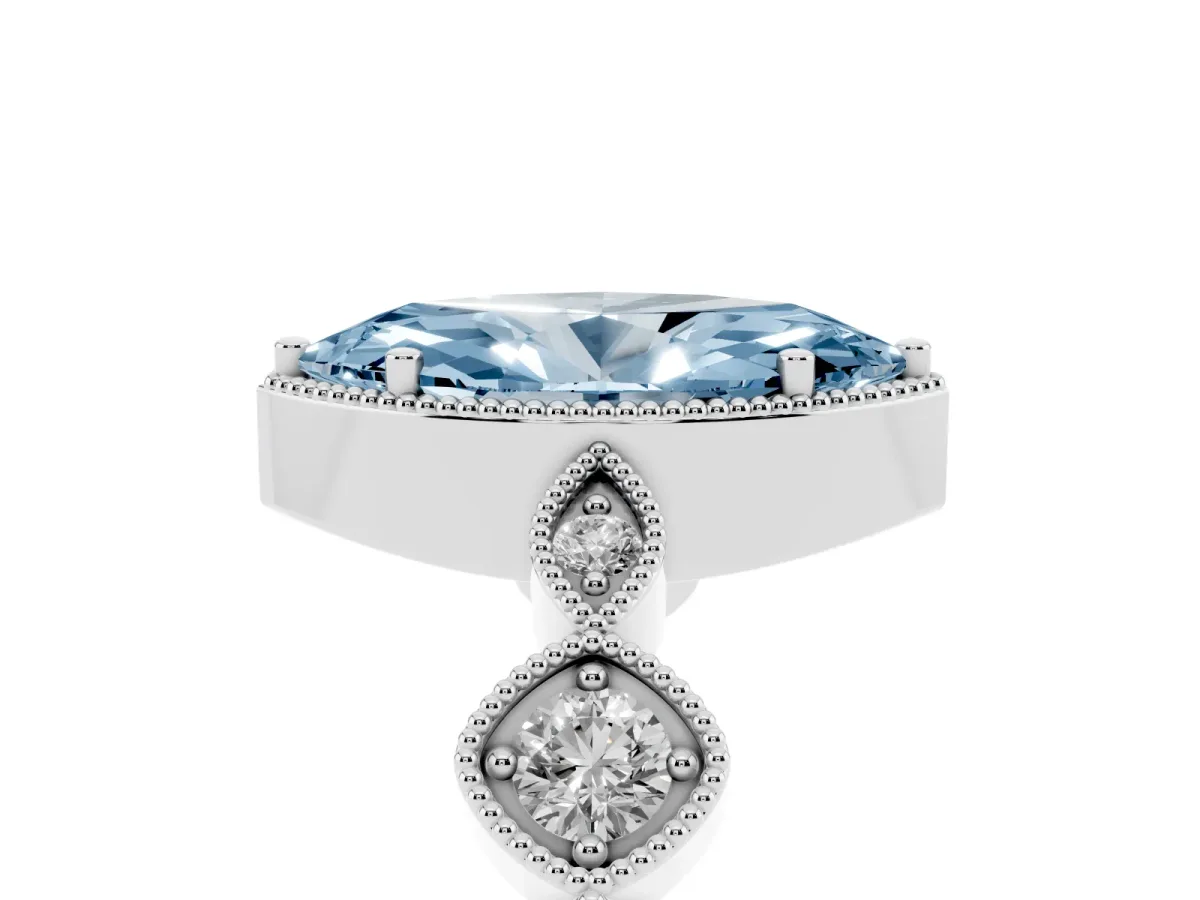 Fancy Blue Marquise Cut Diamond Vintage Milgrain Ring with Round Stations Silver