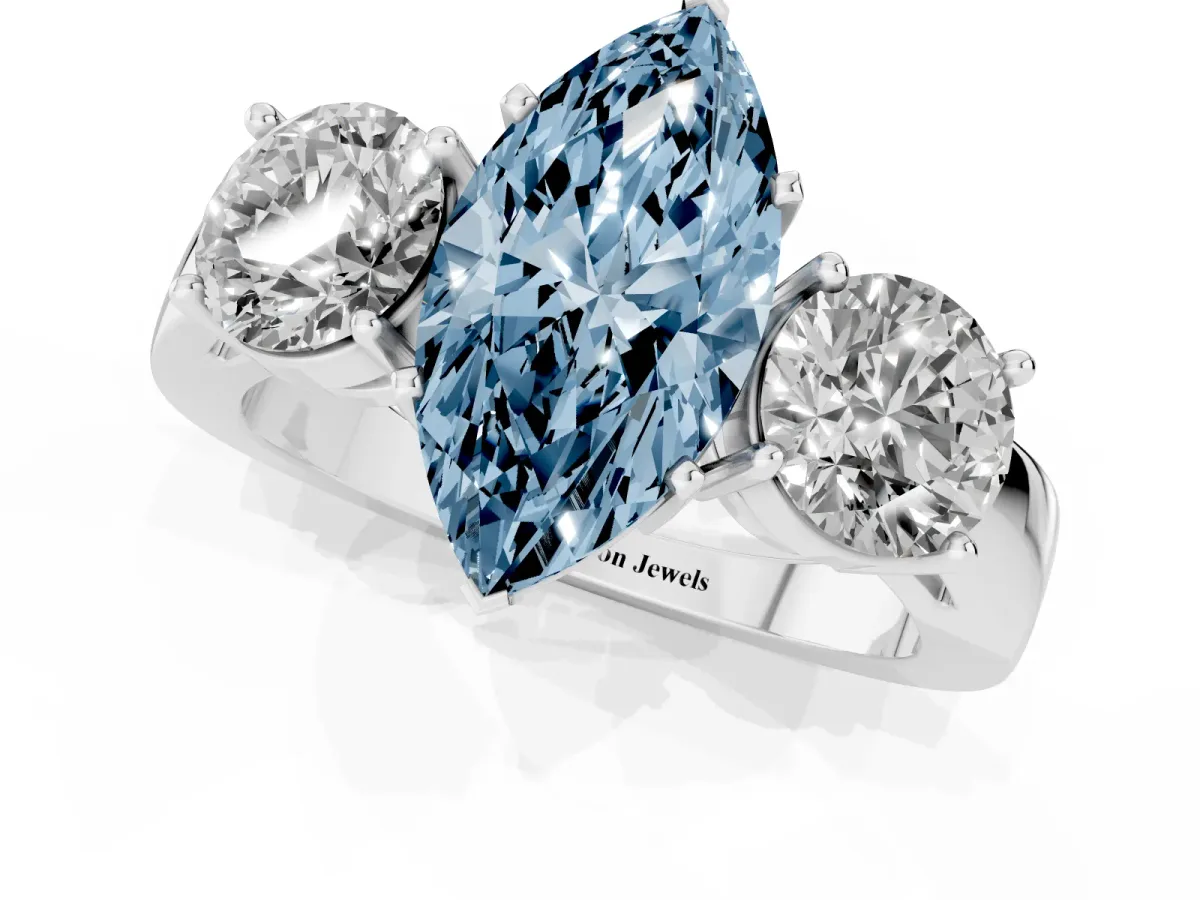 Fancy Blue Three-Stone Marquise Cut Diamond Ring with Round Side Stones, Classic Band, and Four-Prong Setting Platinum