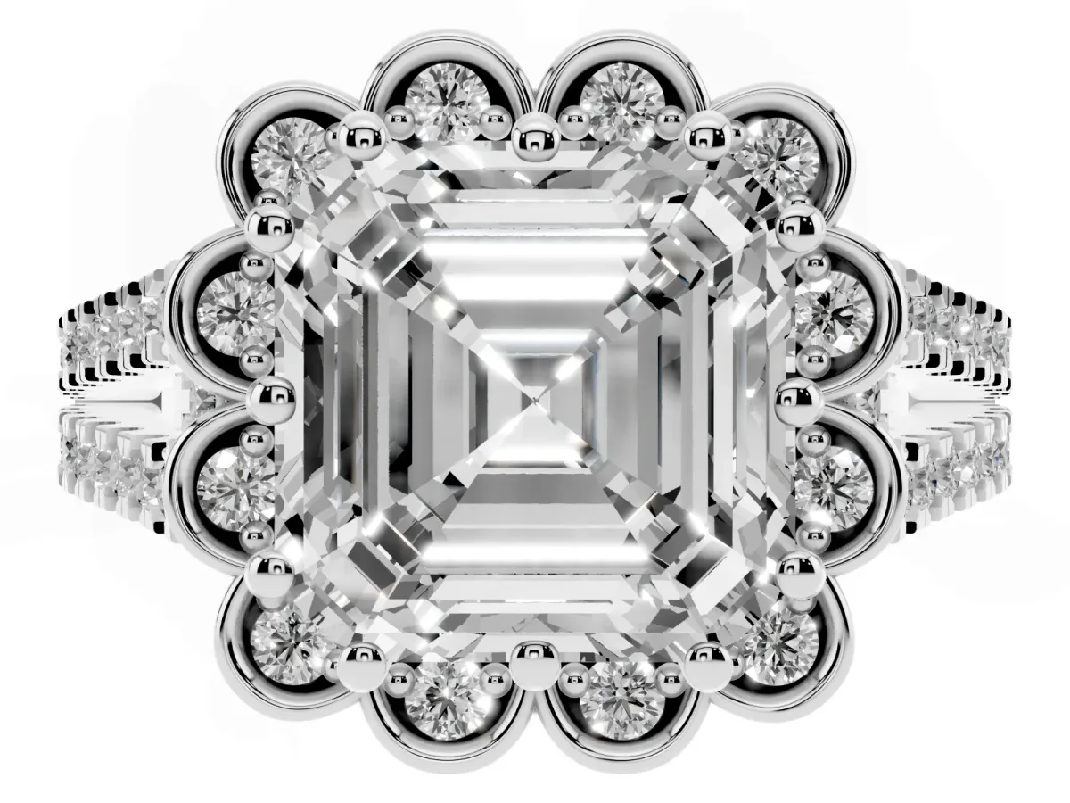 Asscher Cut Halo Diamond Floral Split Shank Engagement Ring Silver