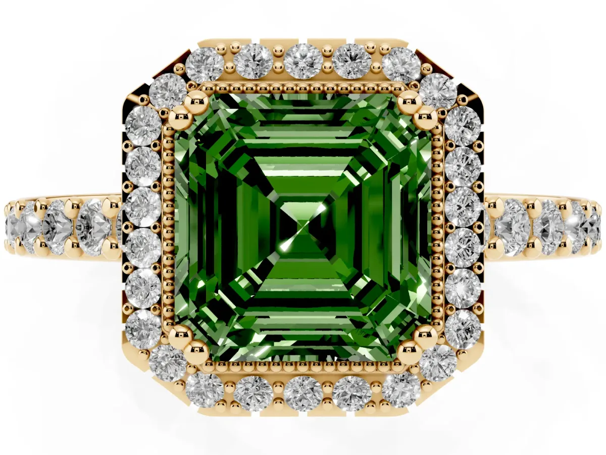 Fancy Green Asscher Cut Cut Diamond Halo Engagement Ring with Milgrain Detail and Pavé Band Yellow gold