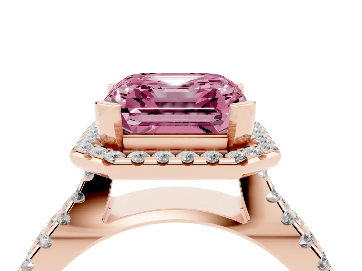 Fancy Pink Asscher Cut Diamond Halo Ring with Split Shank Pavé Band and Prong Setting Rose gold