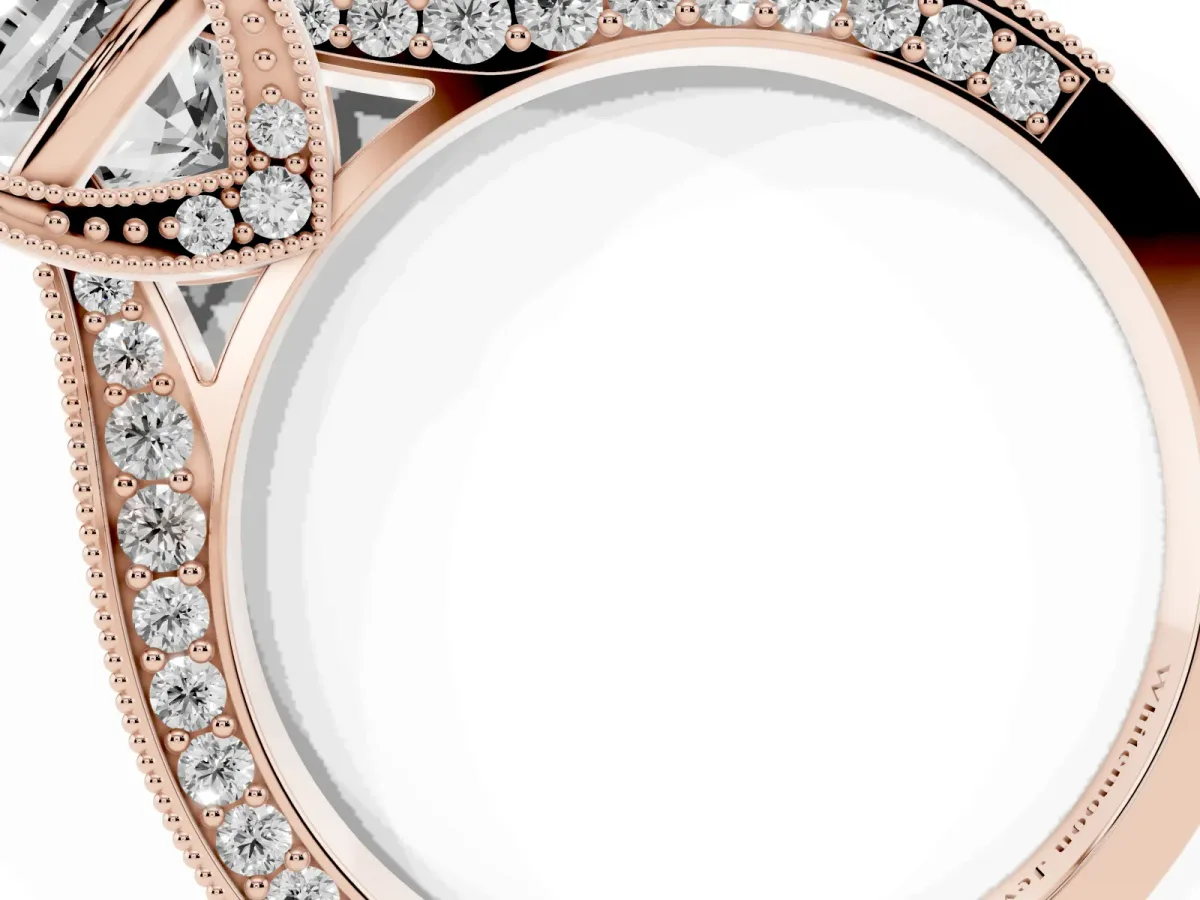 Cushion Cut Cut Diamond Solitaire Ring with Milgrain Pave Band and Four Prong Setting Rose gold