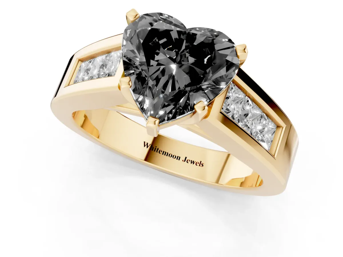 Fancy Black Heart Cut Cut Channel Set Solitaire Ring with Four-Prong Setting Yellow gold