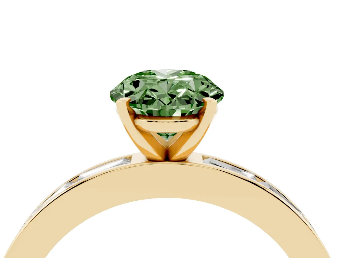 Fancy Green Oval Cut Solitaire Diamond Ring with Channel-Set Baguette Band and Four-Prong Setting Yellow gold