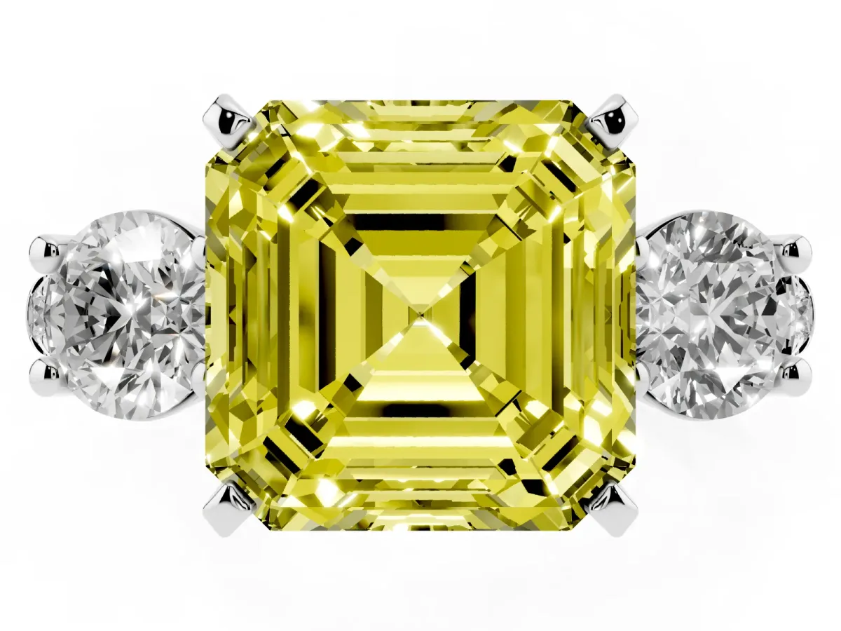 Fancy Yellow Three-Stone Asscher Cut Diamond Pavé Band with Four-Prong Setting Silver