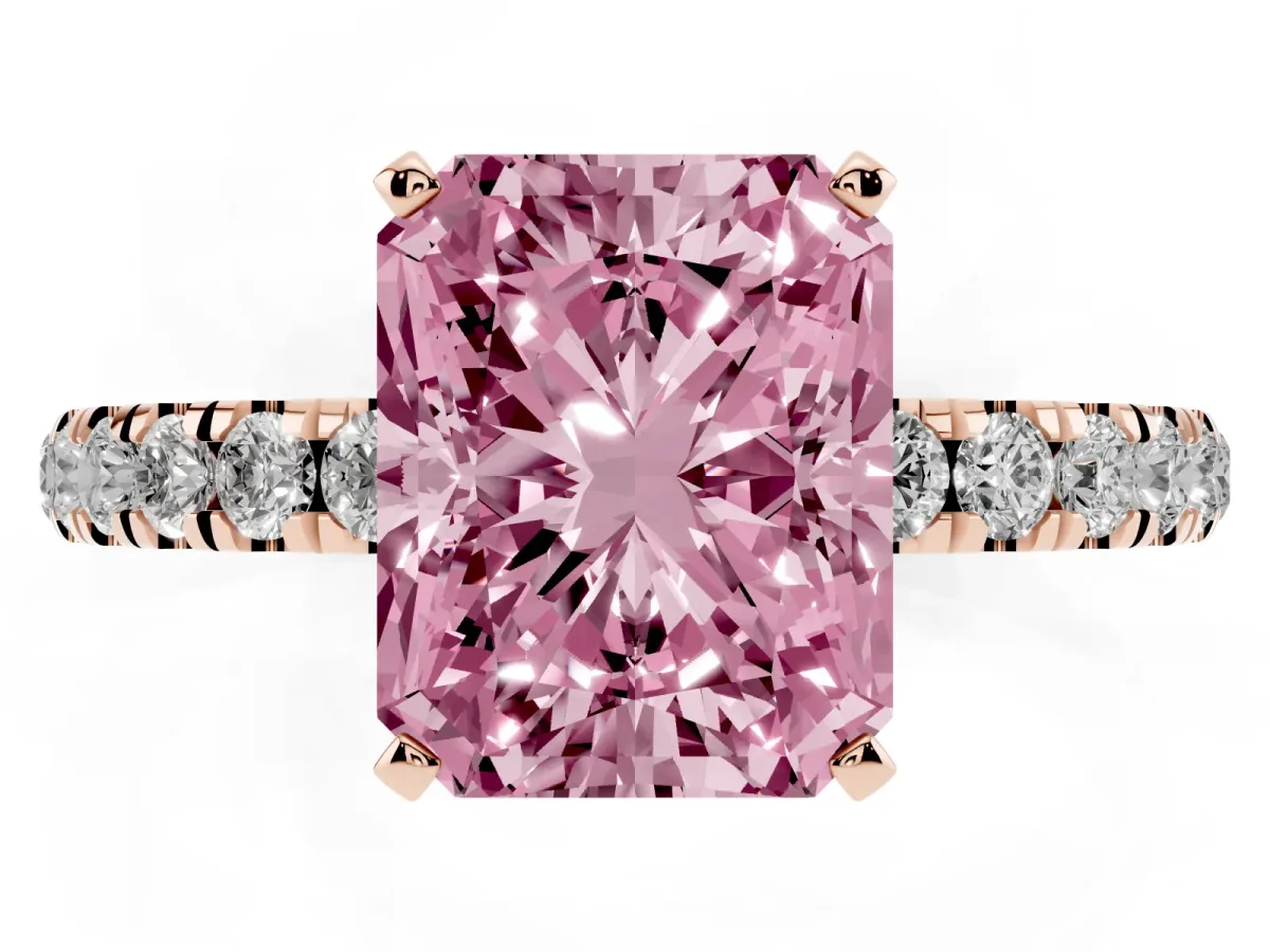 Fancy Pink Radiant Cut Diamond Solitaire Ring with Pavé Accents and Four-Prong Setting Rose gold