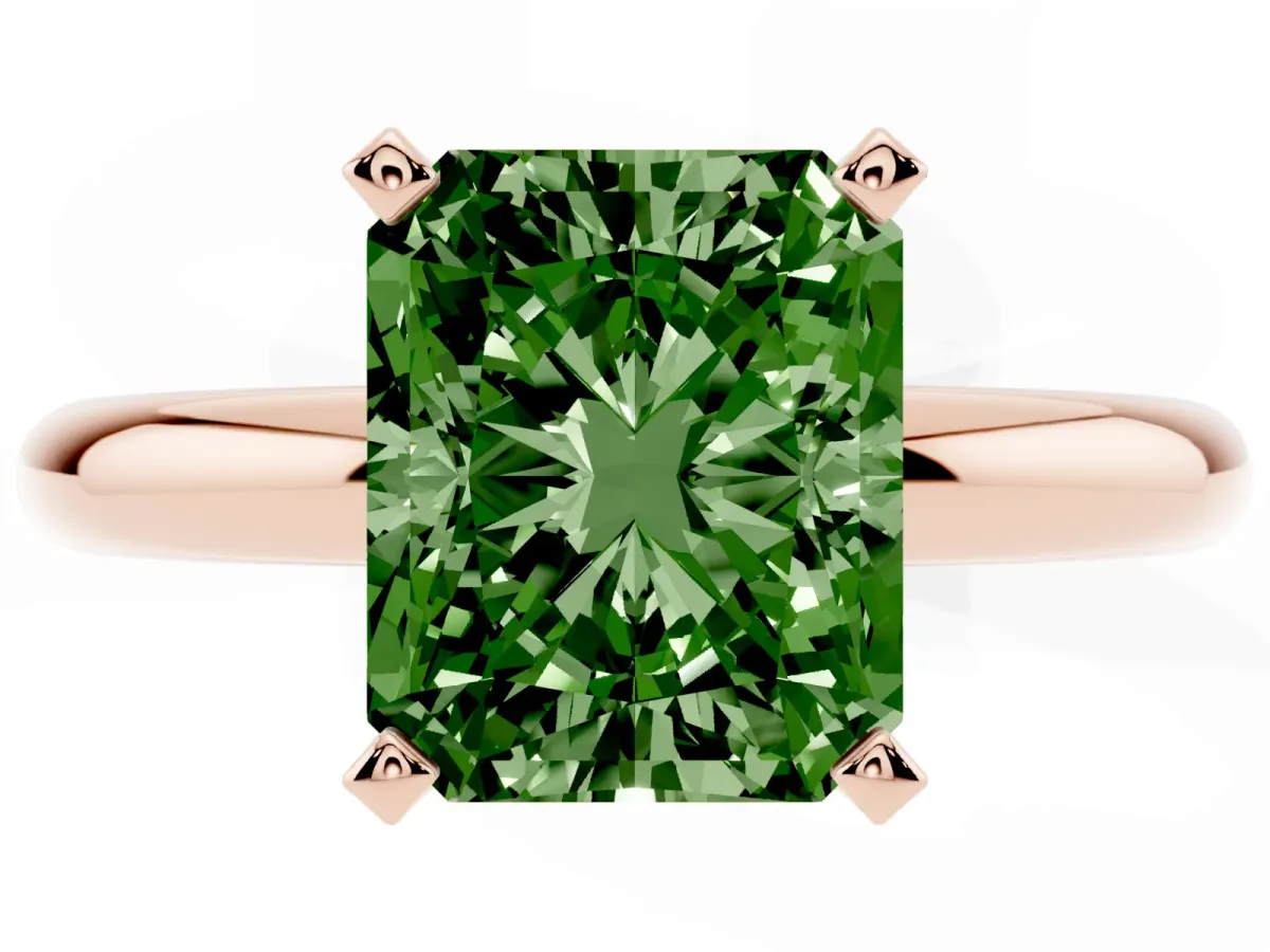 Fancy Green Radiant Cut Diamond Solitaire Engagement Ring with Round Band and Four-Prong Setting Rose gold
