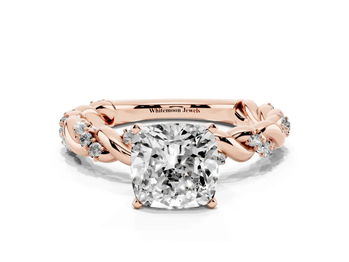 Cushion Cut Diamond Solitaire Ring with Twisted Band and Pavé Accents Rose gold