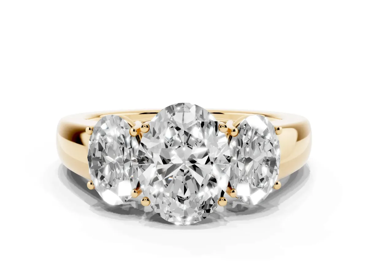 Three-Stone Oval Cut Cut Diamond Ring with Prong Setting and Classic Band Yellow gold