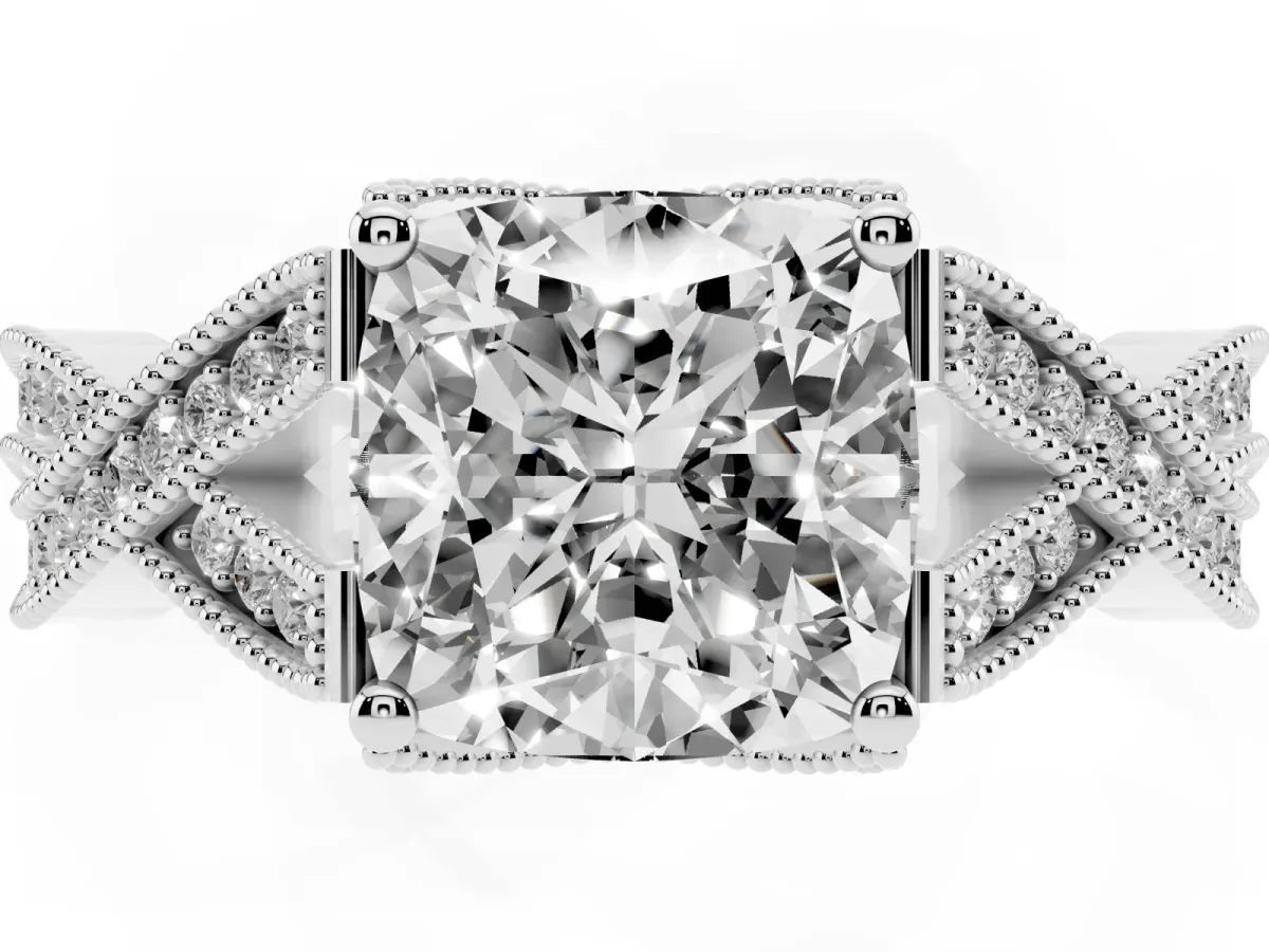 Cushion Cut Cut Diamond Twisted Band with Milgrain Pave Setting and Four-Prong Setting Silver
