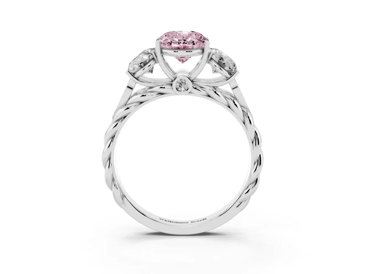 Fancy Pink Three-Stone Oval Cut Diamond Braided Band Ring with Four-Prong Setting White gold