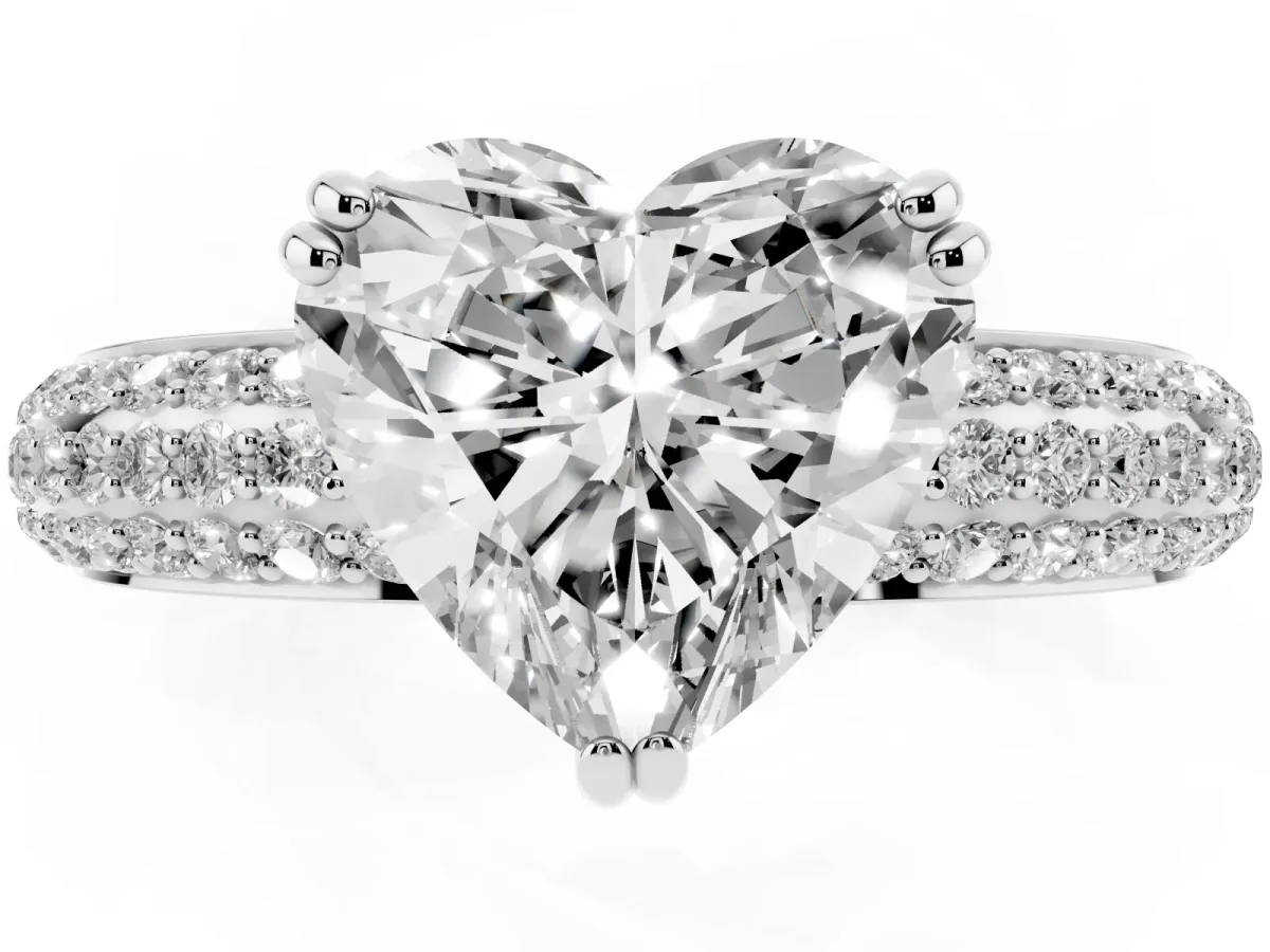 Heart Cut Diamond Solitaire Ring with Multi-Row Round Pavé Band and Prong Setting Silver