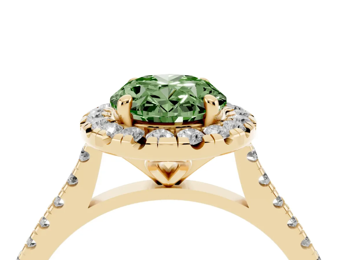Fancy Green Oval Cut Diamond Cushion Halo Ring with Pavé Band Yellow gold